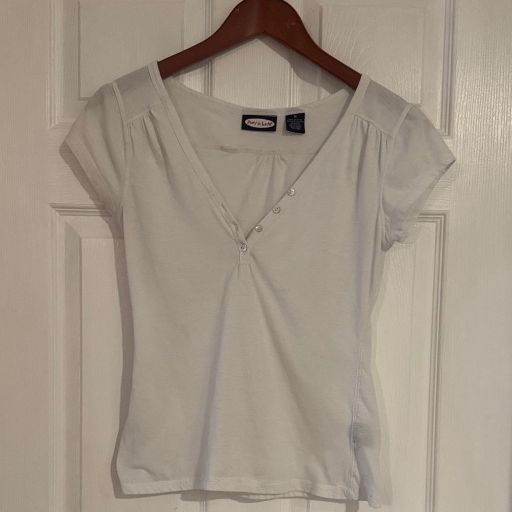 White V-Neck Buttoned Women's Top and Navy Cropped Cami